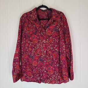 Lauren Ralph Lauren Long Sleeve Button Front Shirt Burgundy Floral Size 3X